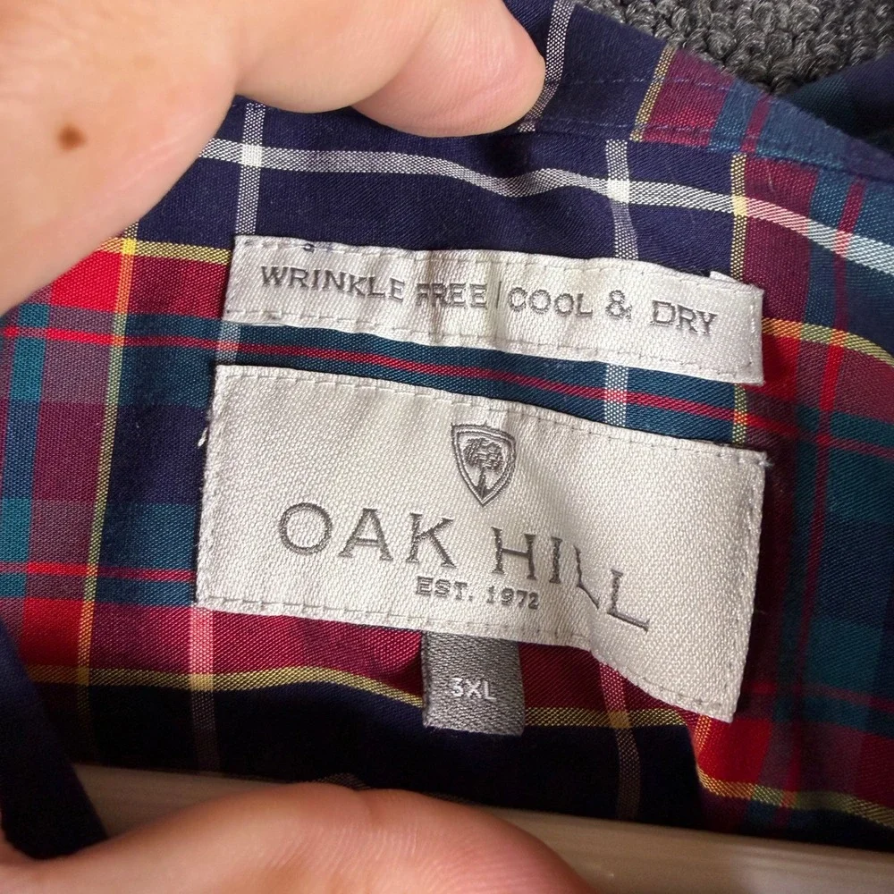 Oak Hill Mens 3XL Plaid Button Down Shirt Navy Red Wrinkle Free Cotton Long Slv